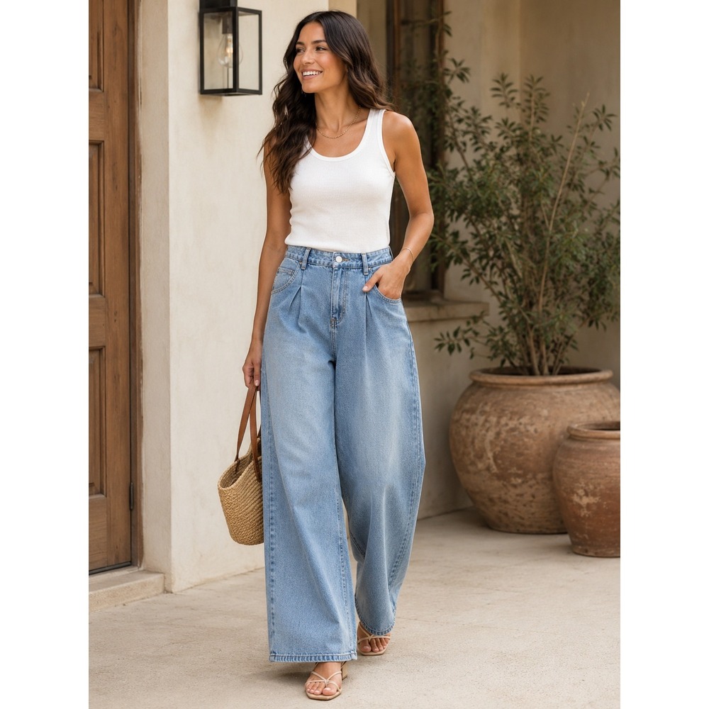 Le Lis Collection Wide‎ Leg Jeans Women M Light Wash High Rise Pleated Denim